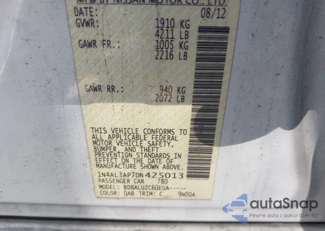 2013 Nissan Altima 2.5 Sv z USA, uszkodzony, nr VIN 1N4AL3AP7DN425013